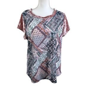 Wallflower Top Women Size 1X Bohemian Pink Blue Geometric Velour Trim Sleeve Tee